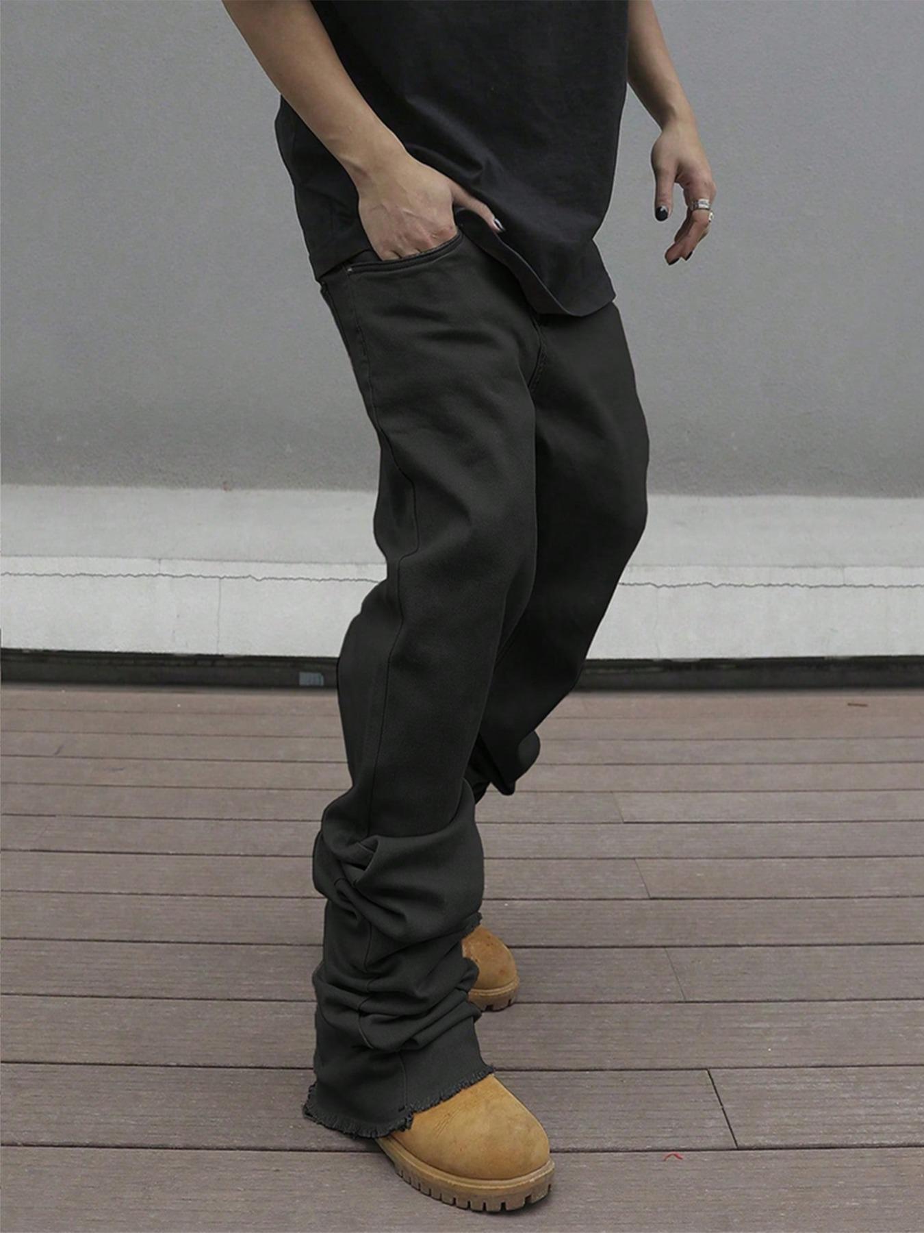 Men's Plain Solid Color Button-Fly Flared Jeans Pants - Slim-Fit & Casual Streetwear Style, Comfortable with Pockets, Featuring Frayed Cuff Design. Suitable for Daily Wear; Also a Versatile All-Season Bottom for Men (Extended Fit)