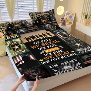 US Army Veteran Soldier Patchwork Fitted Sheet Set, 1 Fitted Sheet + 2 Pillowcases, Deep Pocket Non-Slip Mattress Protector, Soft Breathable All Season Bedding, American Flag Camo Military Quote Print Bedding For Veterans Bedroom Decor