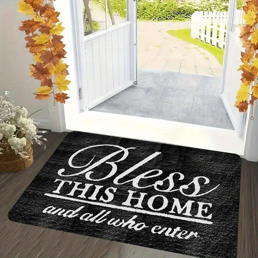 "Bless This Home & All Who Enter" Non-Slip Door Mat - Machine-Washable Indoor/Outdoor Mat with PVC Backing, Black & White Holiday Design for Entryway, Living Room, Bedroom, Kitchen, Entryway Decor, Elegant Script Style, Durable Floor Covering