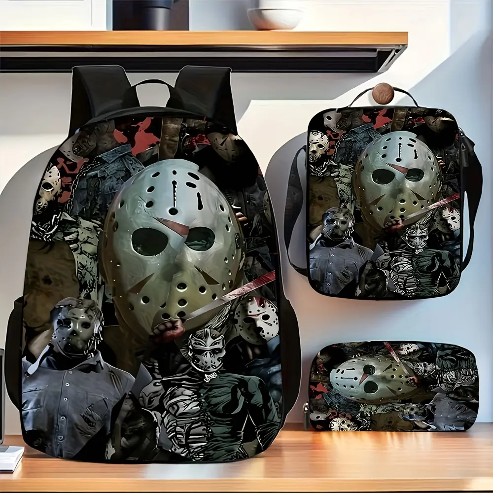 Friday the 13th Jason Voorhees Hockey Mask Horror Collage Vintage Blood Textures 3-Piece Backpack Set - 600D Oxford Fabric, Backpack + Lunch Bag + Pencil Case, Durable, Water-Resistant, Breathable Straps, Zipper Closure, for School Use, Horror Theme, Wate