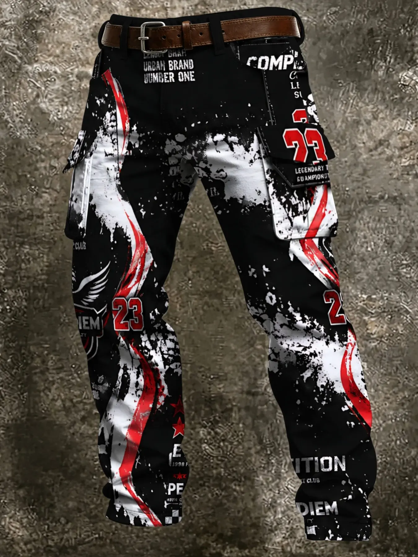 Splatter Graffiti Number 23 Wing Badge Full Print Cargo Pants, Hip Hop Urban Fashion Multi-Side Pockets Casual Long Pants