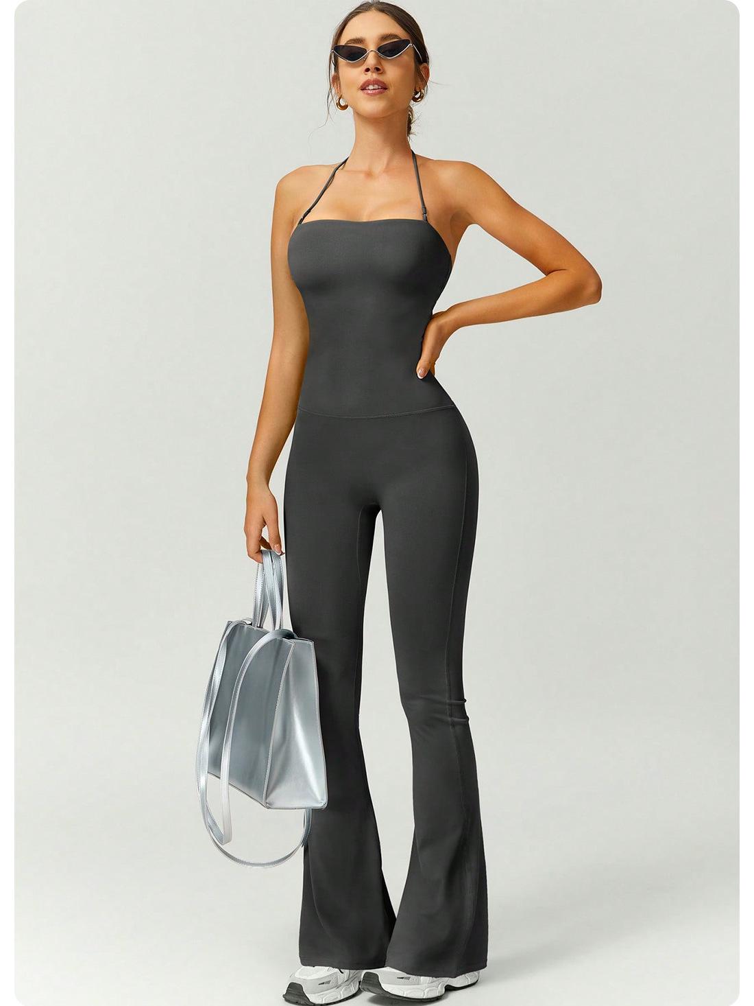 Trendy Slim-Fit One-Piece Bell-Bottom Pants for Women with Straps Beautiful Back Butt-Lifting for Fitness Yoga Outdoor Activities in Gray Black Burgundy Linen Navy Blue Coffee Brown Army Green Rose Red