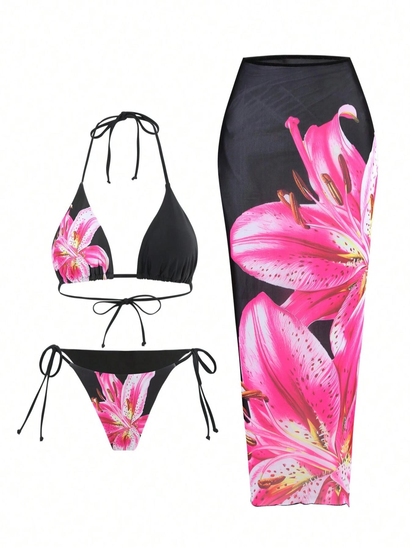 Women's Floral Print Halter Bikini Set, Tie Back Swim Bra & Tie Side Swim Panty & Cover Up Skirt Set, Swimming Swimwear Set for Beach Holiday Vacation, Y2k Bathing Suit, Floral Print Swimsuits, Summer Swimsuit Set
