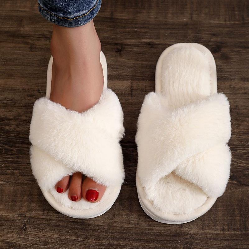 Autumn Winter Fluffy Fur Slippers Women Lightweight Cross Band Plush Slides Woman 2026 Open Toe Flats Fuzzy Home Slippers Female