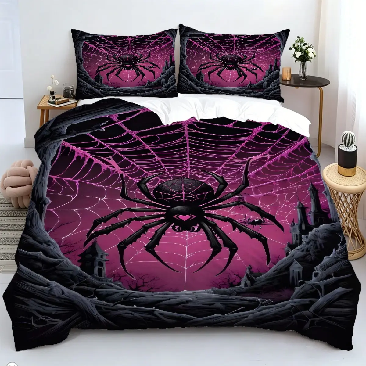 2/3 Pieces Gothic Spider Web Duvet Cover Set, Purple Black Spider Castle Print Bedding Set, Horror Halloween Quilt Set, Dark Aesthetic Comforter Cover, Side Zipper Bed Linen, 1 Duvet Cover with 1/2 Pillowcases (Quilt & Pillow Inserts Not Included)