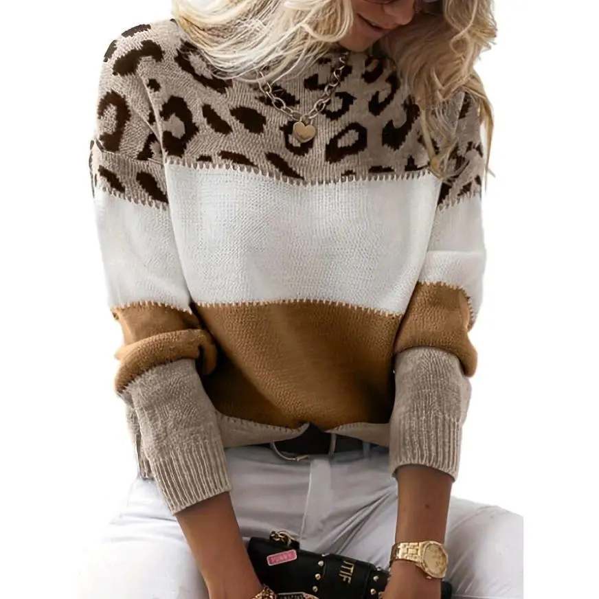 Women Off The Shoulder Color Block Striped Knitted Top Leopard Print Patchwork Long Sleeve Loose Casual Pullover Sweater