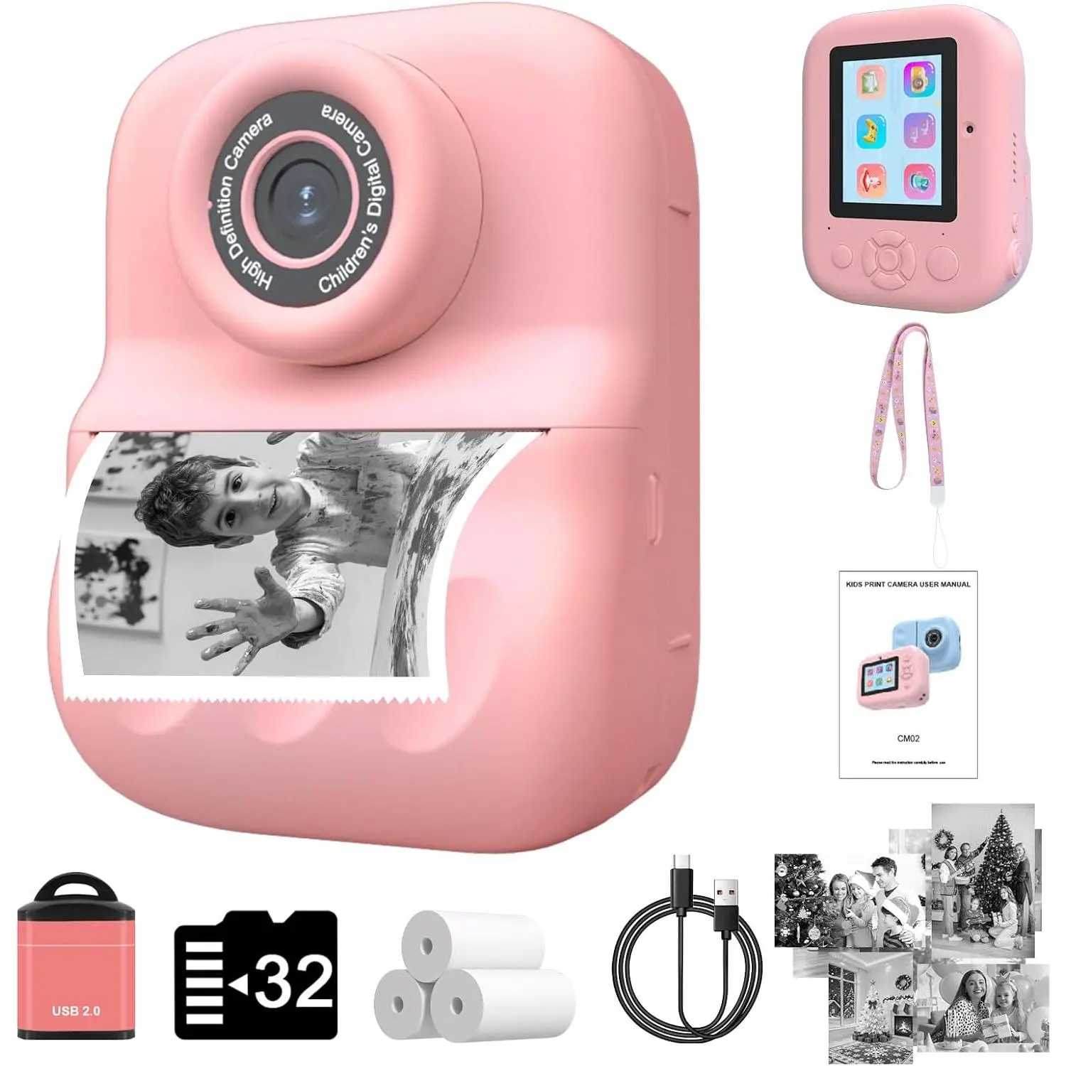 Camera  Print for  with Mirror,  -Lens Selfie Digital Camera with 3 Rolls Print Paper & 32GB Card, Holiday Birthday Gifts Toys for Girls Boys . (Dark )
