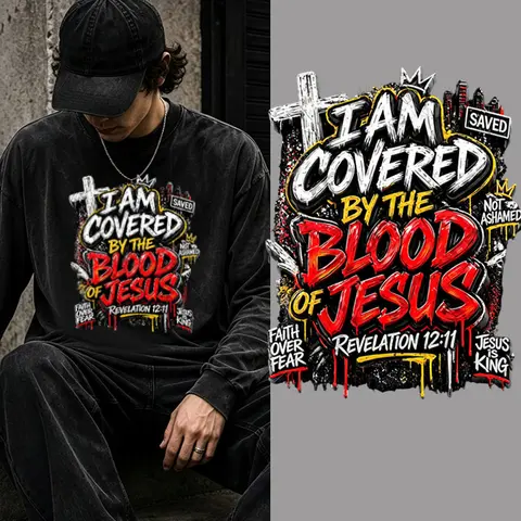 "Saved By The Blood Of Jesus" Christian DTF Iron-On Transfer - Bible Verse, Faith Message, Revelation 12:11, Not Ashamed - Washable Fabric Decal for T-Shirts, Bags (Sewing Accessory)