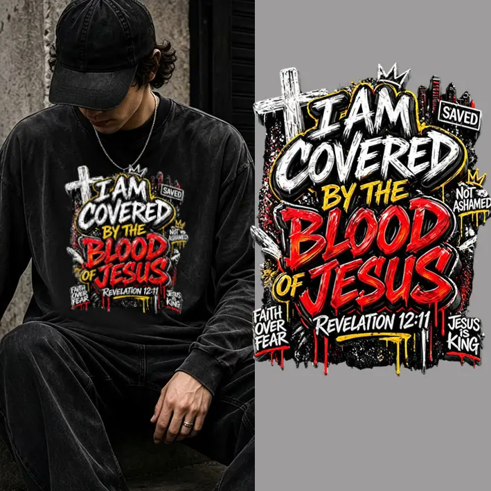 "Saved By The Blood Of Jesus" Christian DTF Iron-On Transfer - Bible Verse, Faith Message, Revelation 12:11, Not Ashamed - Washable Fabric Decal for T-Shirts, Bags (Sewing Accessory)