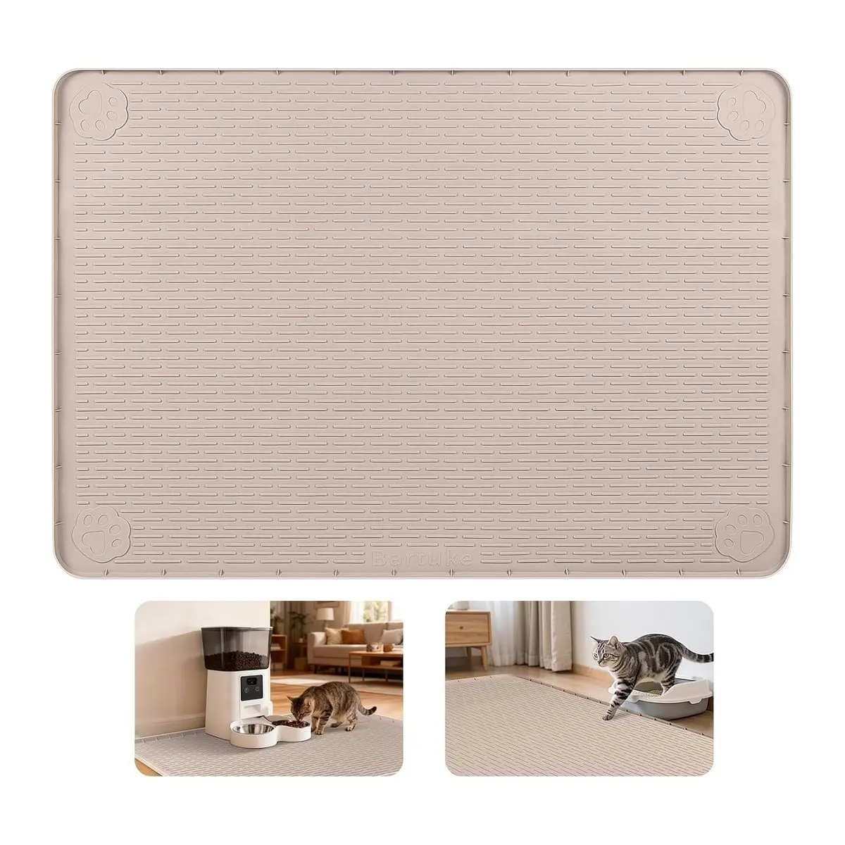 Extra Large Silicone Cat Feeding Mat - 40x28 in Khaki, Waterproof, Non-Slip Placemat with Raised Edges for Pet Food & Water Mess Control
