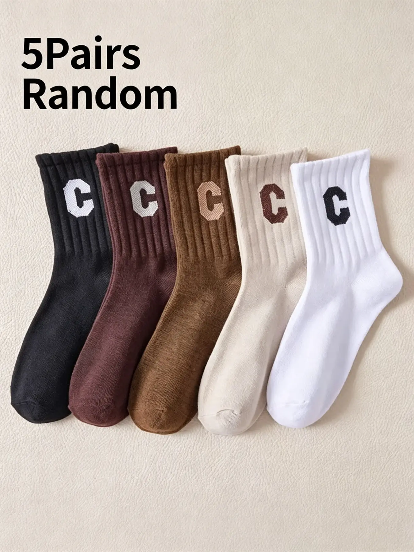 5 Pairs Random Letter C Embroidery Ribbed Crew Socks, Vintage Neutral Earth Tone Stackable Mid Calf Socks, Elastic Breathable Minimalist Casual Fashion Socks for Women Street Daily Campus Outfits