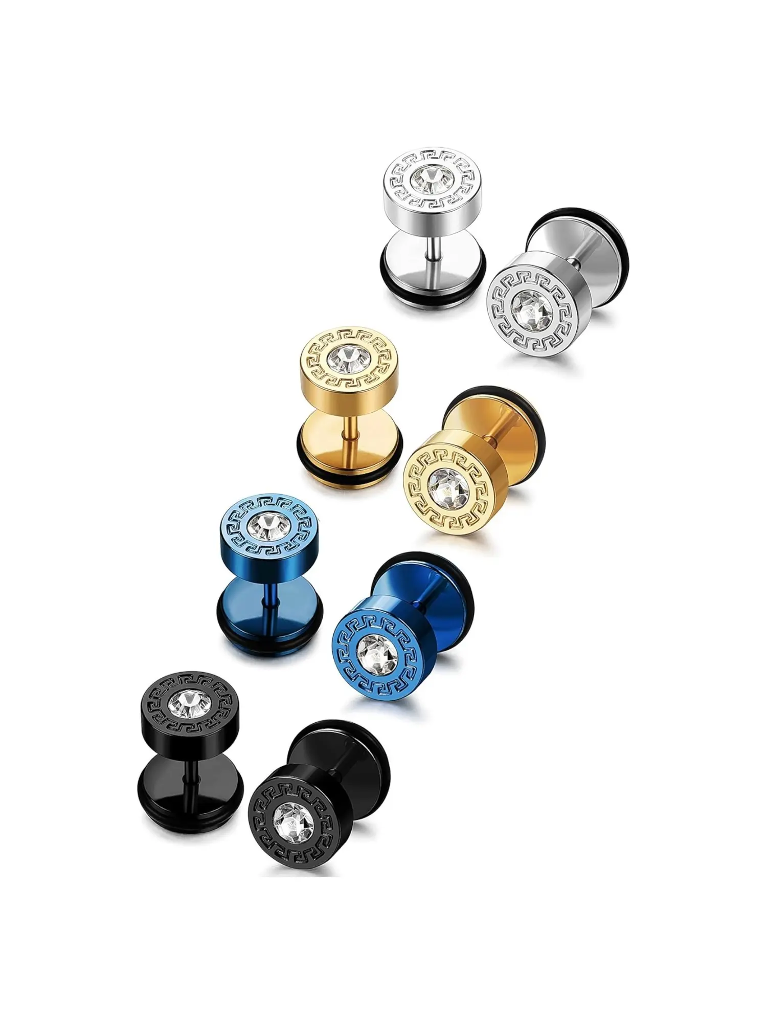 4 Pairs Colorful Chunky Stud Earrings Hypoallergenic Stainless Steel Unisex Punk Piercing Jewelry Classic Carved Greek Key Pattern Centrally-set Sparkling Zirconia Cool Alternative Design Street Gothic, Jewelry Accessories, High Quality Earrings
