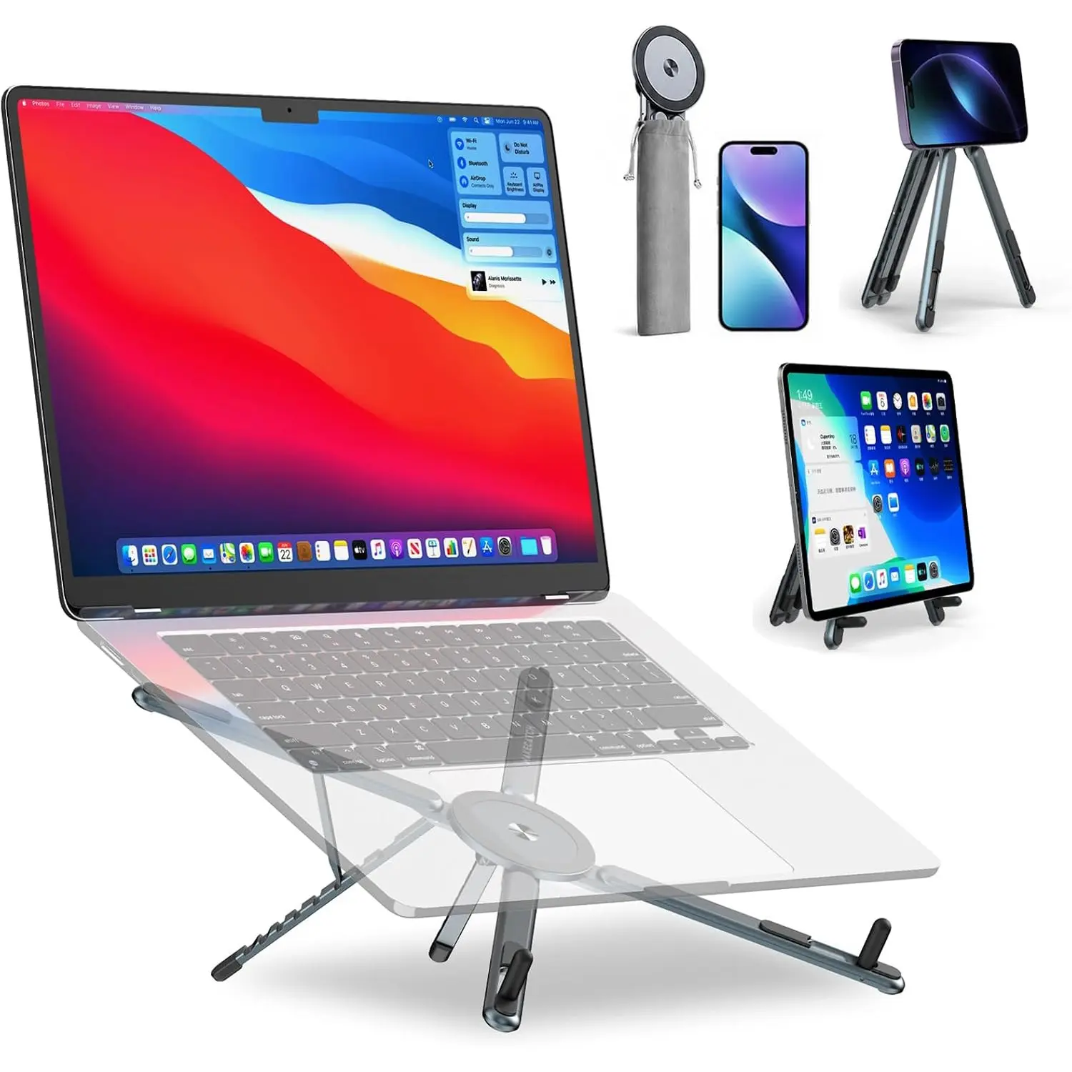 Adjustable Laptop Stand for Desk, Magnetic Phone Holder, MagSafe Compatible Portable Foldable Computer Riser, Suitable for MacBook, iPhone, iPad and Tablet, Perfect for Office, Home, Traveling