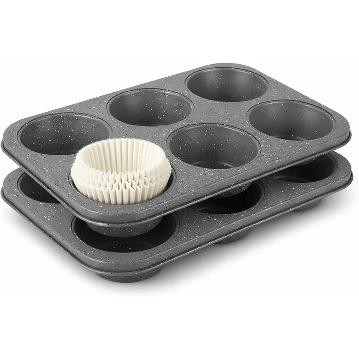 2 Pack Jumbo Muffin Pan, 6 Cup Large Cupcake Pan with Speckled Granite Coating and Paper Liners, Professional Nonstick Carbon Steel Muffin Tin for Baking Muffins Frittatas Cupcakes, Grey