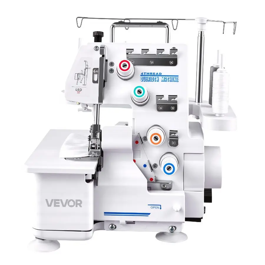 VEVOR Heavy-Duty Metal Frame Serger Overlock Sewing Machine, 1250 Stitches Per Minute (Above 1,000 Stitches), 3 and 4 Thread Capability, with LED Light, Strong Suction Feet, for Multiple Fabrics, White