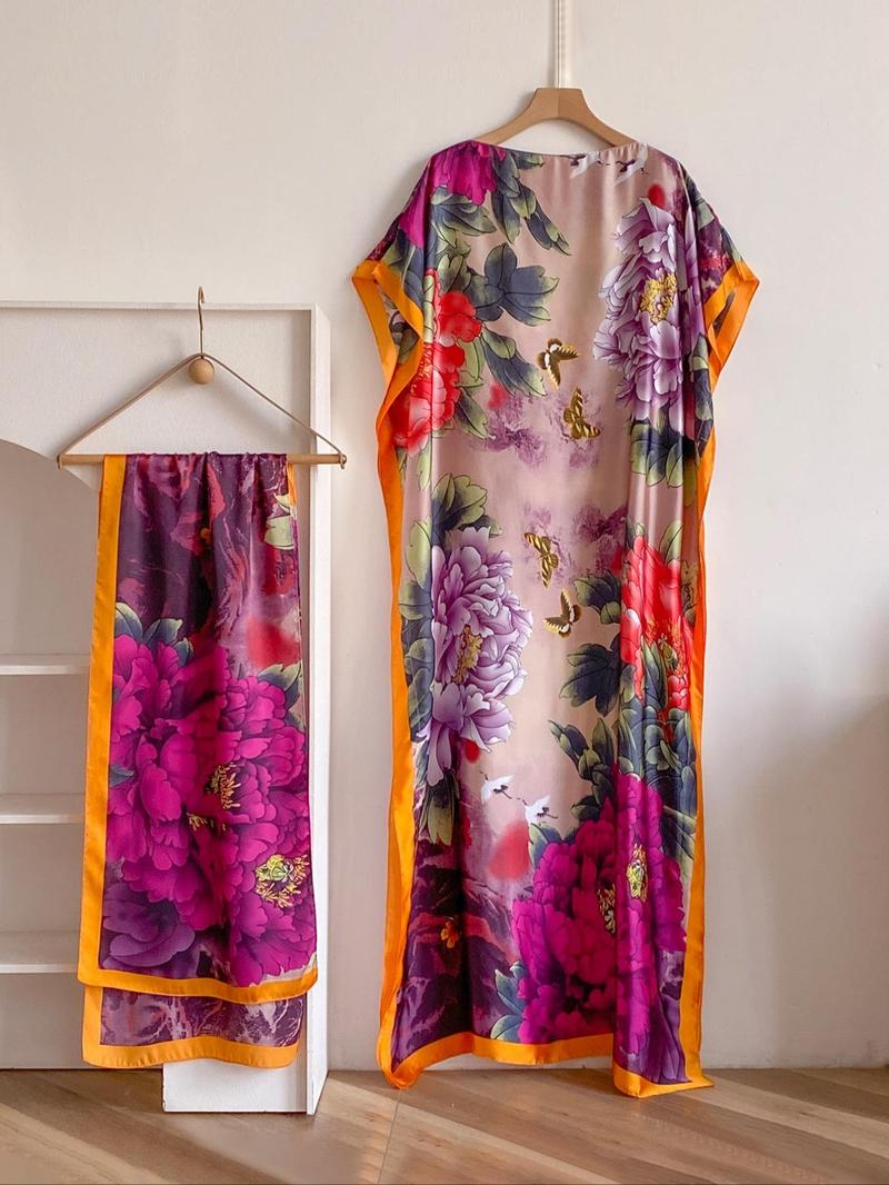 Women's Peacock Print Cape Shawl & Scarf Set, Elegant Beach Cover-Up For Holiday Vacation, Swimsuit Cover Up