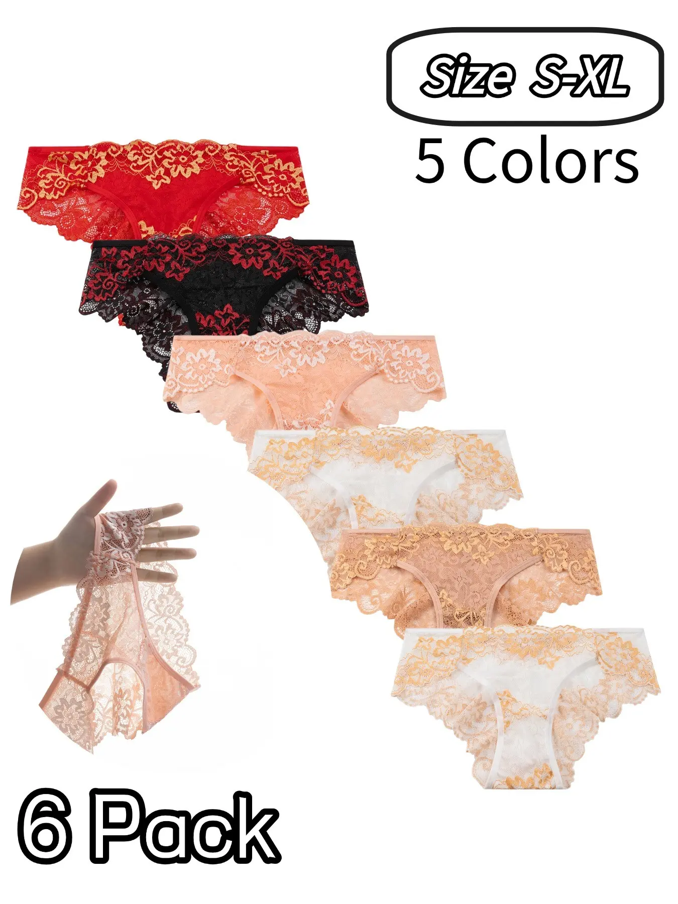 Colorblock Lace Women's Triangle Panties, Sheer Floral Lace Elegant Chic Sexy Underwear, Soft Breathable Everyday Wear, 6 Pcs Set, All Seasons