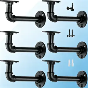 Heavy Duty Pipe Shelf Brackets, 6 Pack Black Iron L Brackets for 8 10 12 14 inch Boards, Industrial Floating Shelves, Metal Wall Mounted Storage Racks for Home Garage