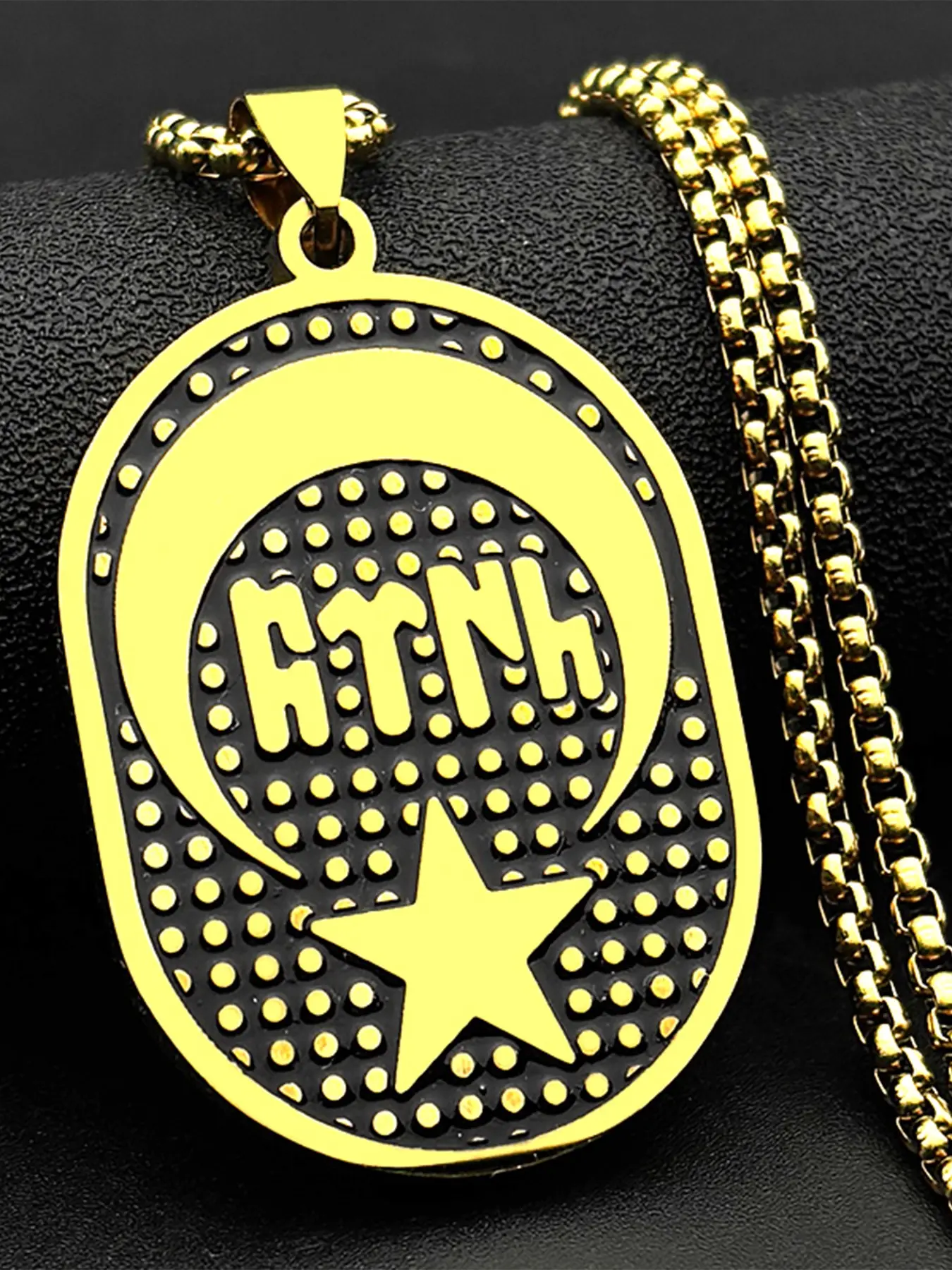 Enamel Jewish Hebrew Letter Crescent Moon Star Dog Tag Pendant Necklace for Women Men Stainless Steel Gold Color Chain