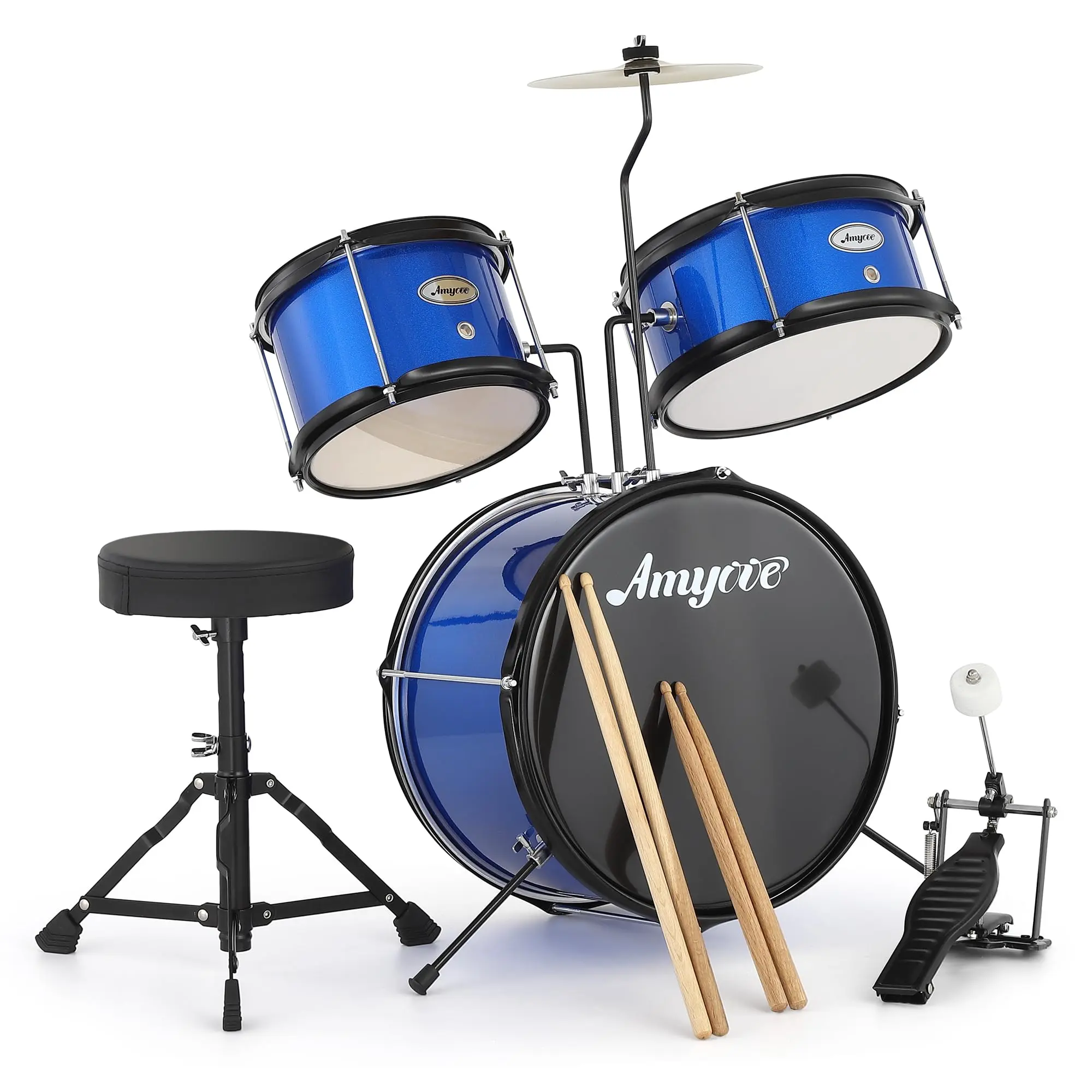 GARVEE Blue 3 Piece Junior Drum Set for Beginners with Cymbal, Bass Drum, Pedal, 2 Toms, Drum Sticks, and Throne Stool - Musical Instrument for Young Beginners