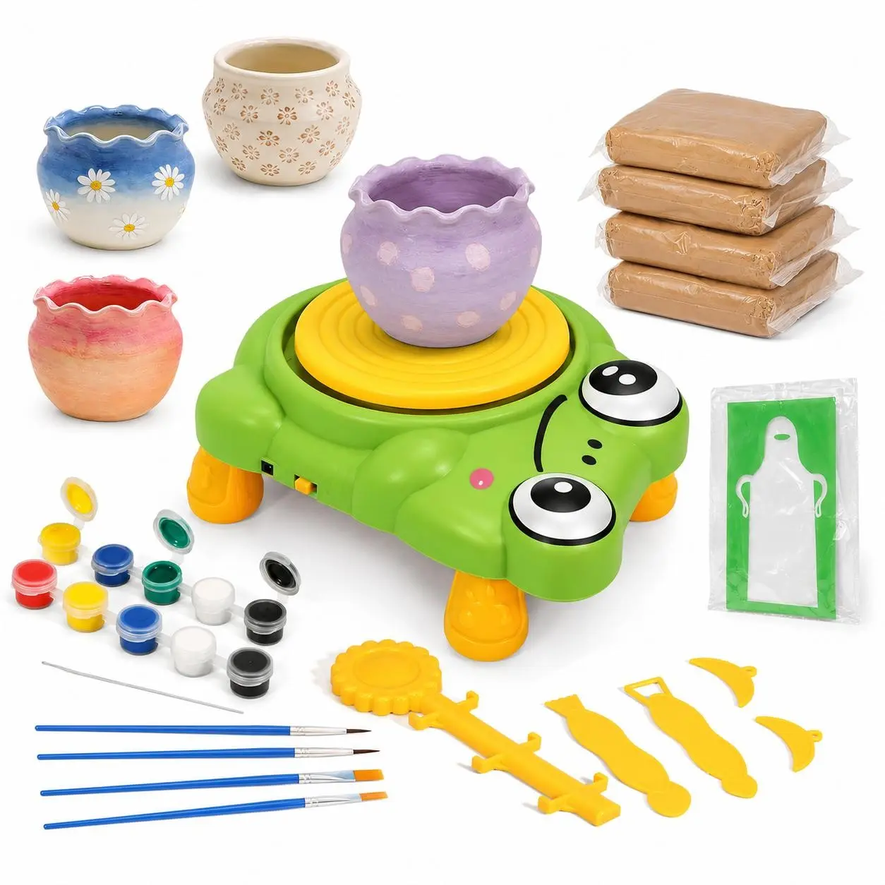 Kids Electric Pottery Wheel Kit | Complete DIY Craft Set with 2 Packs Air Dry Clay, Painting Tools, Educational Art Toy Gift for Boys Girls Ages 3+ Birthday Christmas Thanksgiving