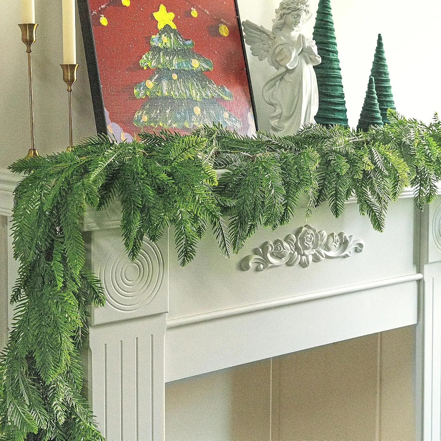 Artificial Pine Garland,  Dense Real Touch Pine Garland Ornament, Realistic Artificial Pine Greenery Garland for Mantle, Christmas Tree Garland