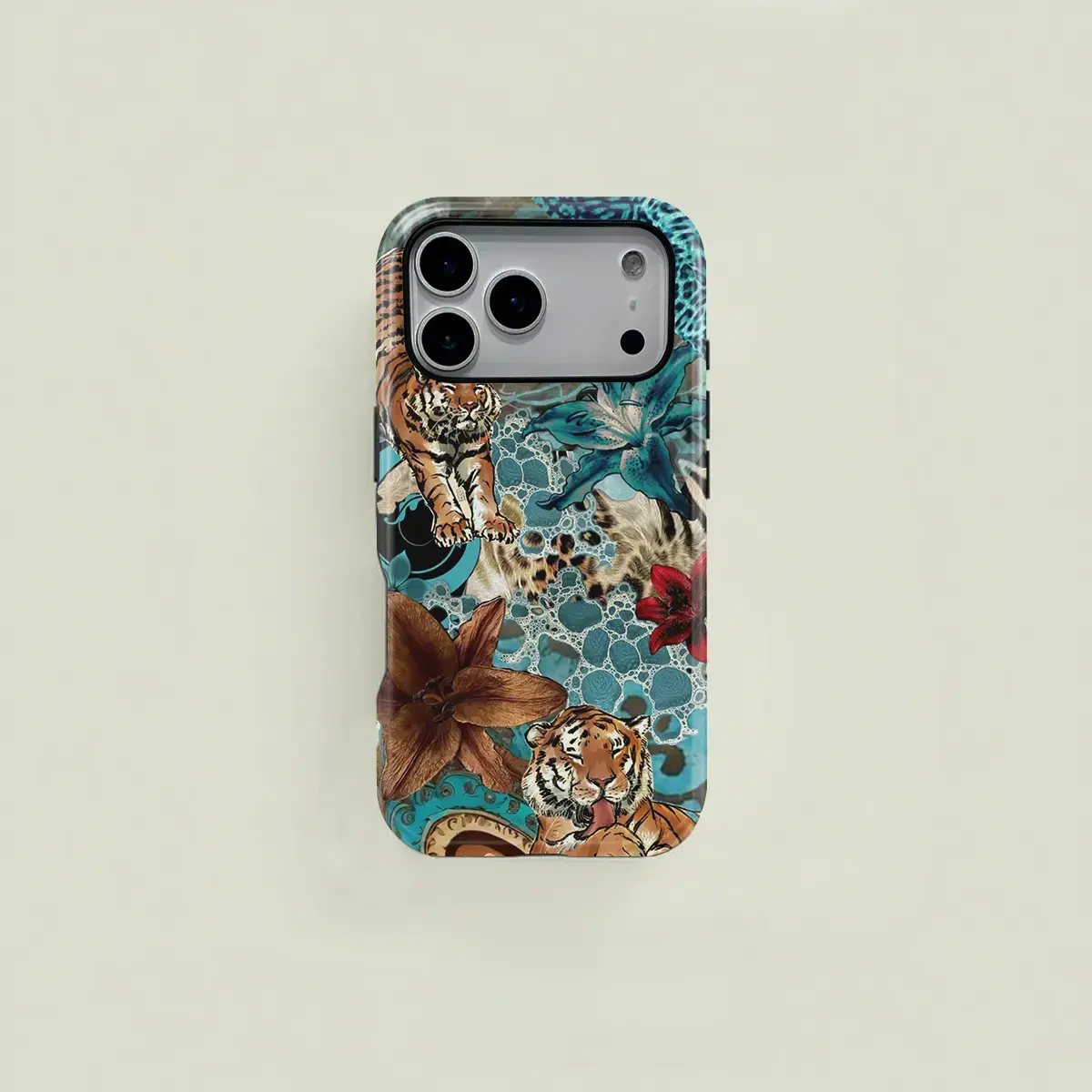 Retro Blue & Brown Tiger-Flower Patchwork TPU-PC Hybrid Cellphone Case for iPhone 11+ Series (Pro, Pro Max, Plus) - Durable 2-in-1 Shockproof Shell, Stylish Accessory, Aesthetic Protection, Ideal Birthday Gift for Girls