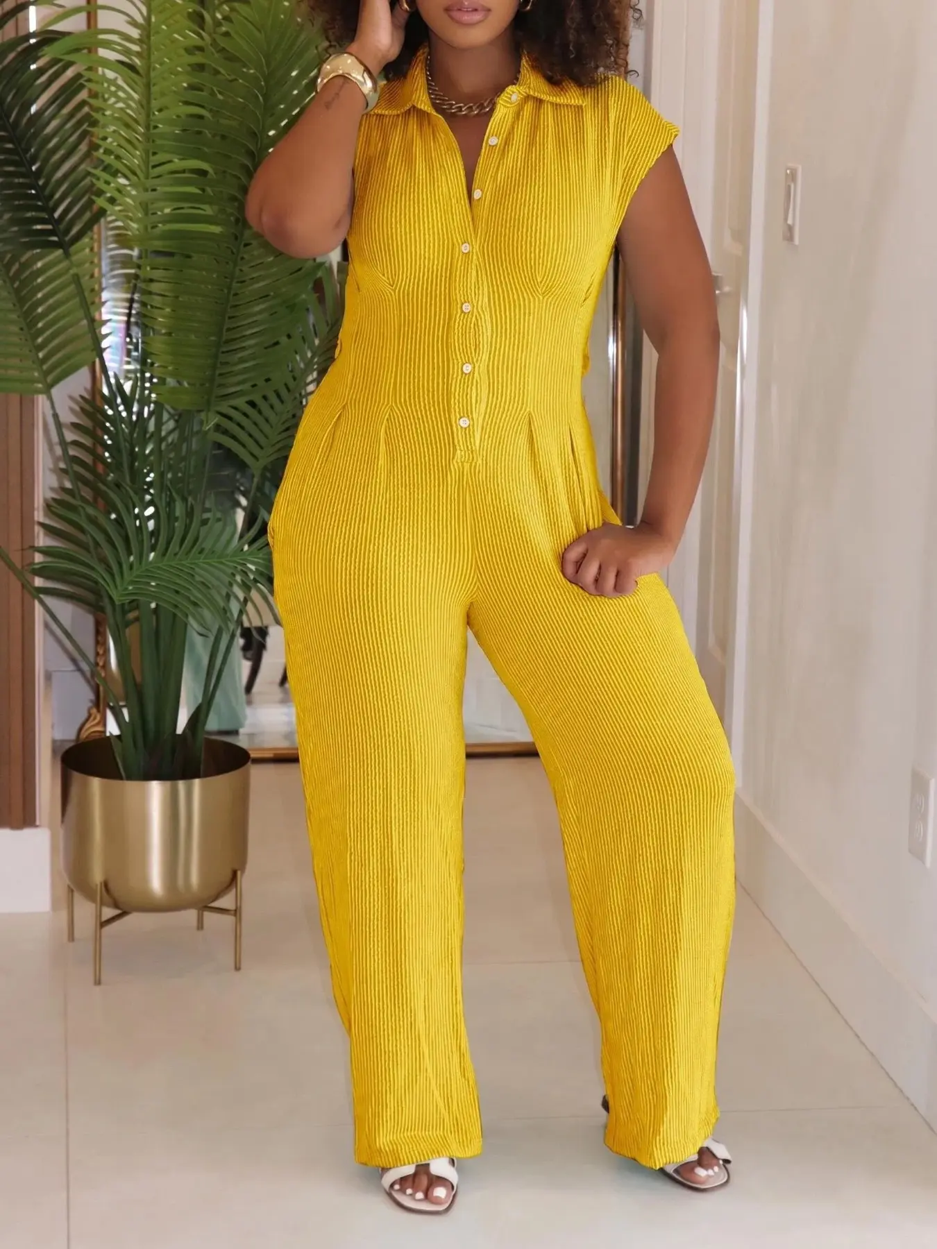 Women's Sleeveless Overall Pants, Elegant Turn-Down Collar, Button, High-Waisted Wide-Leg Long Pants, Summer Fashion, Casual Style, Elegance