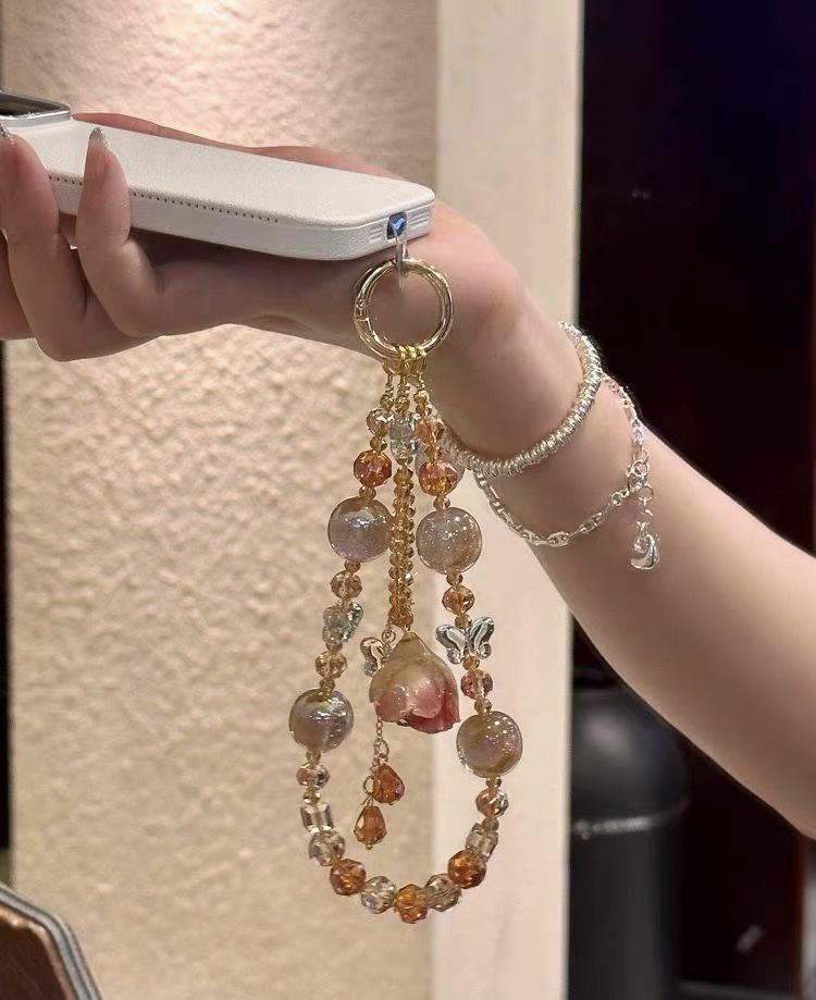 Elegant crystal orange-red glass beaded rose flower phone chain for women, keychain, phone pendant, anti-loss popular item