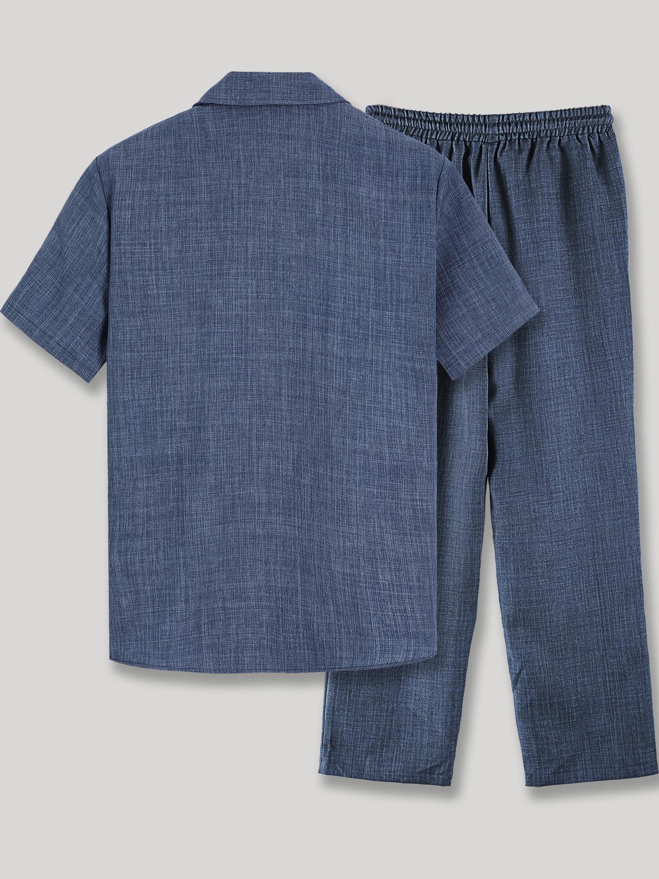 Men's Solid Button Shirt & Drawstring Waist Pants Loungewear, Menswear Loose Casual Comfy Short Sleeve Collared Top & Trousers Pajama Set, Men's Sleepwear for Summer Pjs