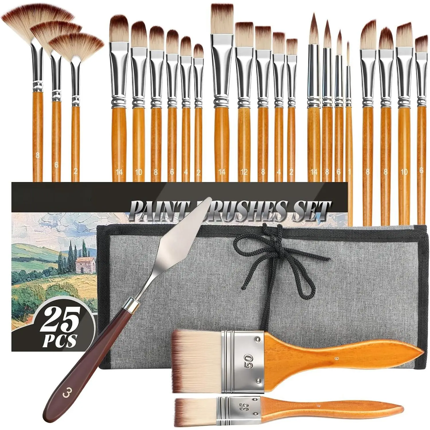 25 count  Brush Set, Professional  Brushes with Canvas Roll and  ,  Paintbrush Kit for Artist,Watercolor,Oil,Gouache