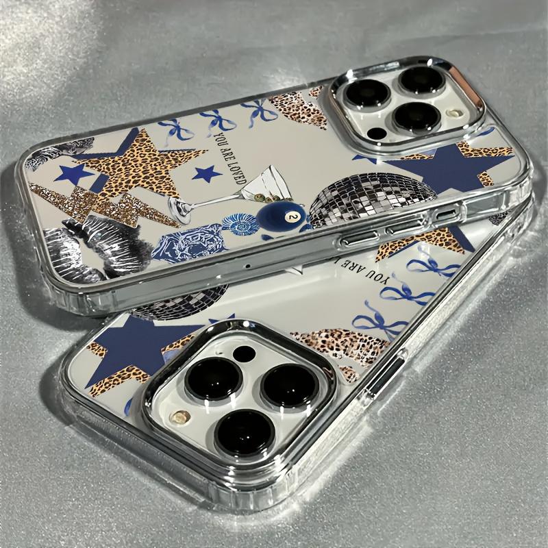 The phone case is suitable for various iPhone models including iPhone 17, iPhone 16, iPhone 15, iPhone 14, iPhone 13, and iPhone 12. The luxurious transparent electroplated lens protection case is the perfect trendy and creative gift for couples