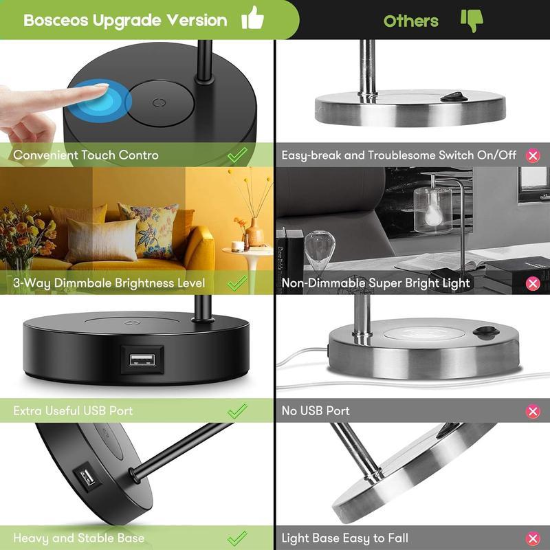 2Pcs Wireless Charging Industrial Table Lamp 3-Way Touch Control Dimmable Desk Lamp with USB Port Bedside Lamp with Hanging Seeded Glass Shade for Office Bedroom Living Room, Bulb Included