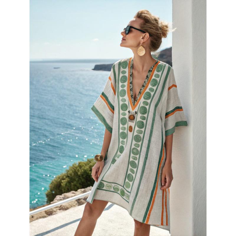 2026 New Hot-Selling Beach Vacation Style V-Neck Bohemian Printed Loose Beach Dress Vacation Style