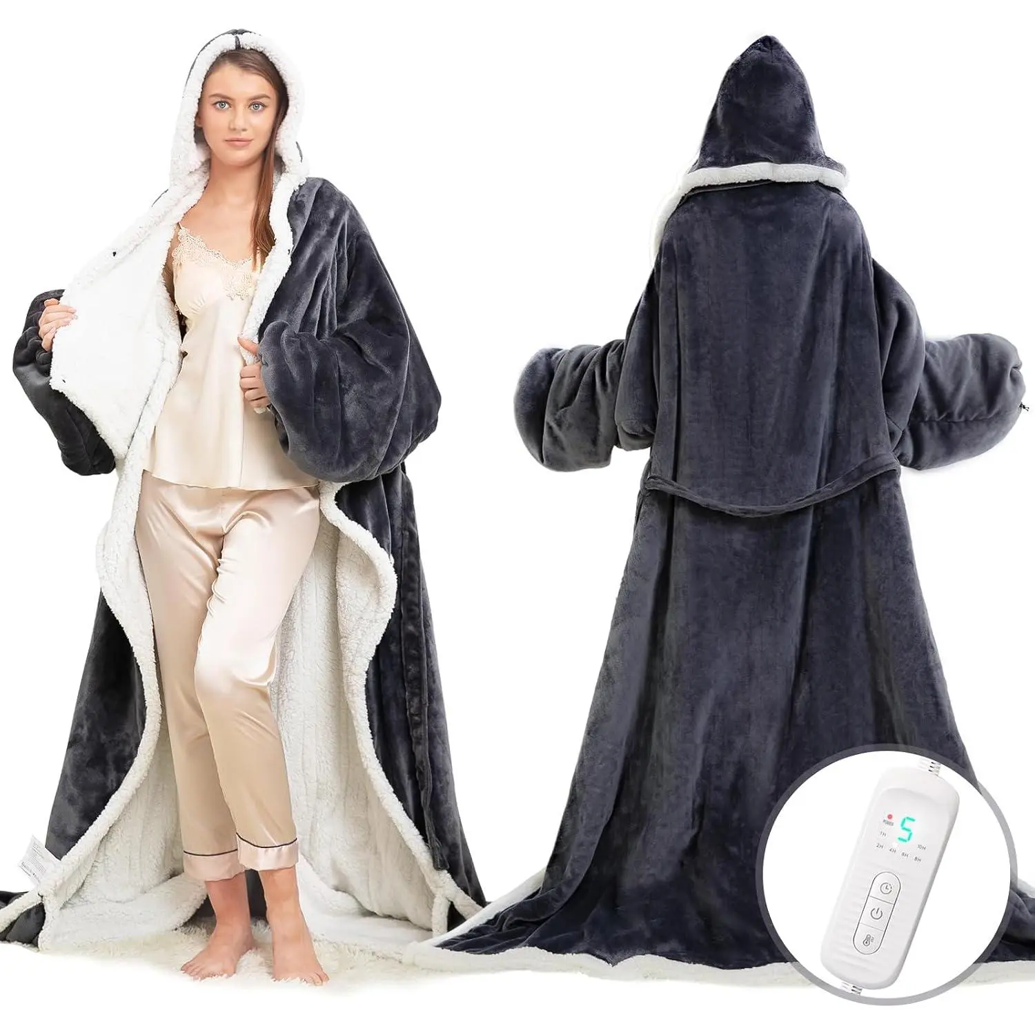 Wearable Heated Blanket with Foot Pocket, Electric Wearable Throw Blanket with Sleeves, , Portable Heated Blanket with 8 Heat Settings, 1-10 Hours Auto Shut-off,  for Family, , 50*70"