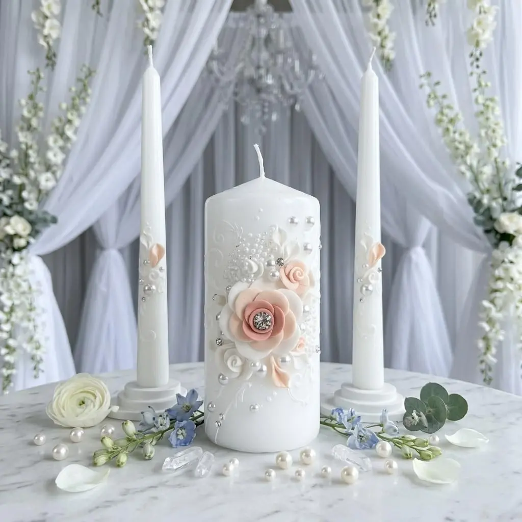 Blush Blossom Unity Candle Set for Wedding Ceremony, White & Blush Pink Handmade Wedding Candles, Unscented 6" Pillar & 2 Taper 10" Marriage Candle Set, European Quality