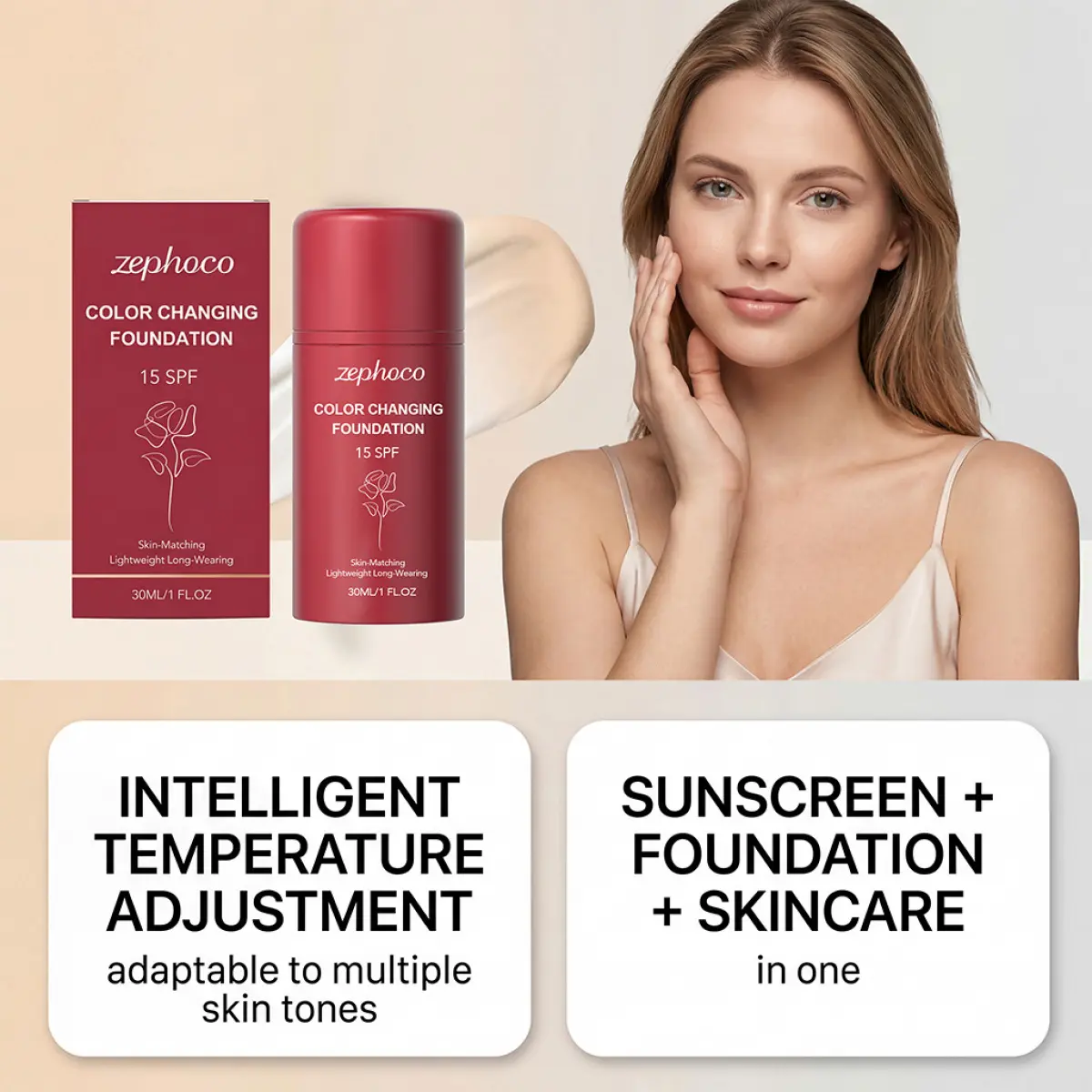 SPF15 Color Changing Foundation Infused Titanium Dioxide & Glycerin, Skin Matching Smart Temperature Adjust Tinted Base, Hydrating Lightweight Long Wear Natural Skin Makeup 3 In 1 Sunscreen Primer Skincare Cream For Daily Commute All Skin Tones