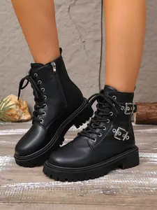 Women's Buckle Combat Boots, Side Zipper Laces, Chunky Sole Ankle Boots, Trendy Street Style for Fall Winter, Casual Night Out Shoes