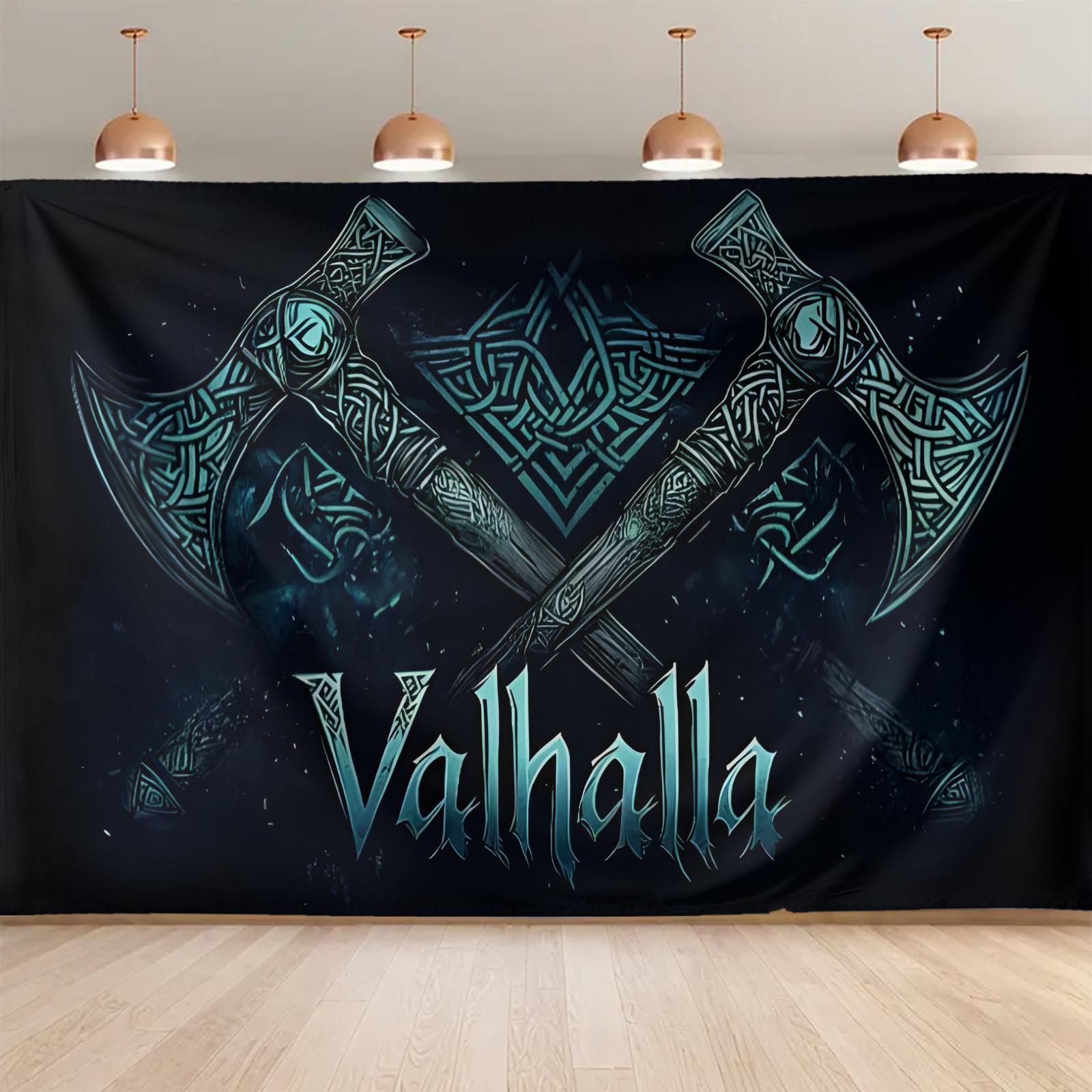 Fantasy Axe Theme Banner with Celtic Knots and Stars, Vibrant Blue Wall Art for Living Room Bedroom Office Party Backdrop, High-Quality Peach Beige Fabric Home Decor