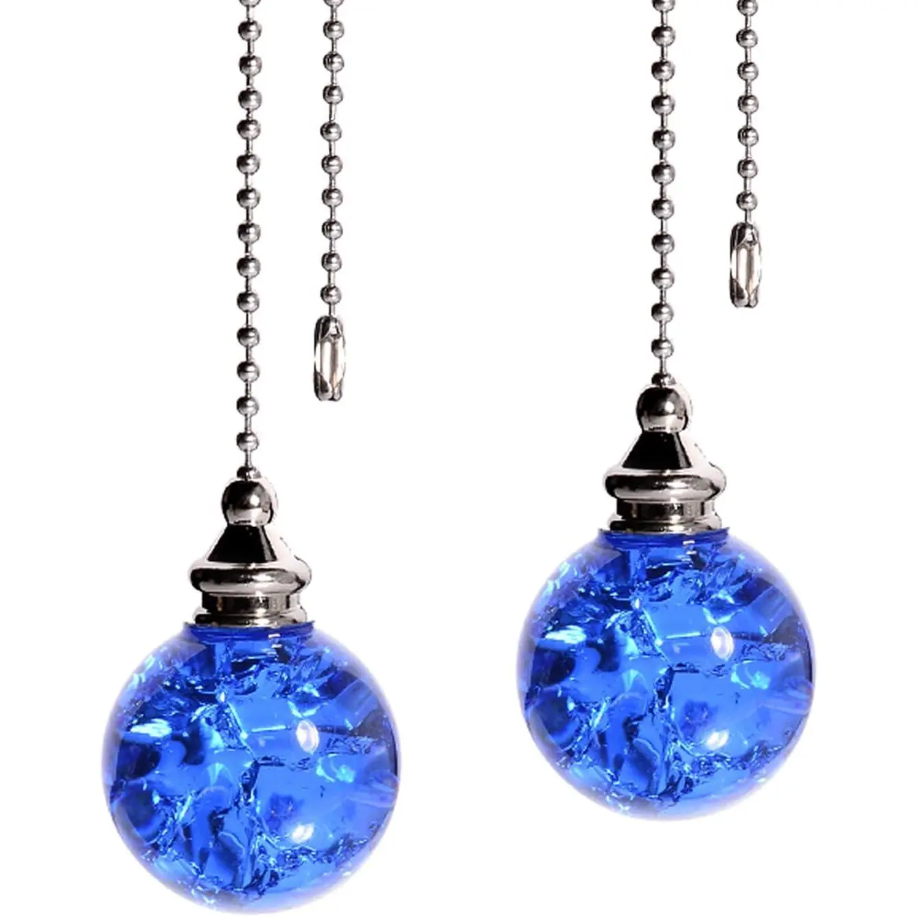 2 count Blue Pull Chain  Glass Ice Cracked Ball Pull Chain for Ceiling Fan Light Decoration 50cm Extension Chain