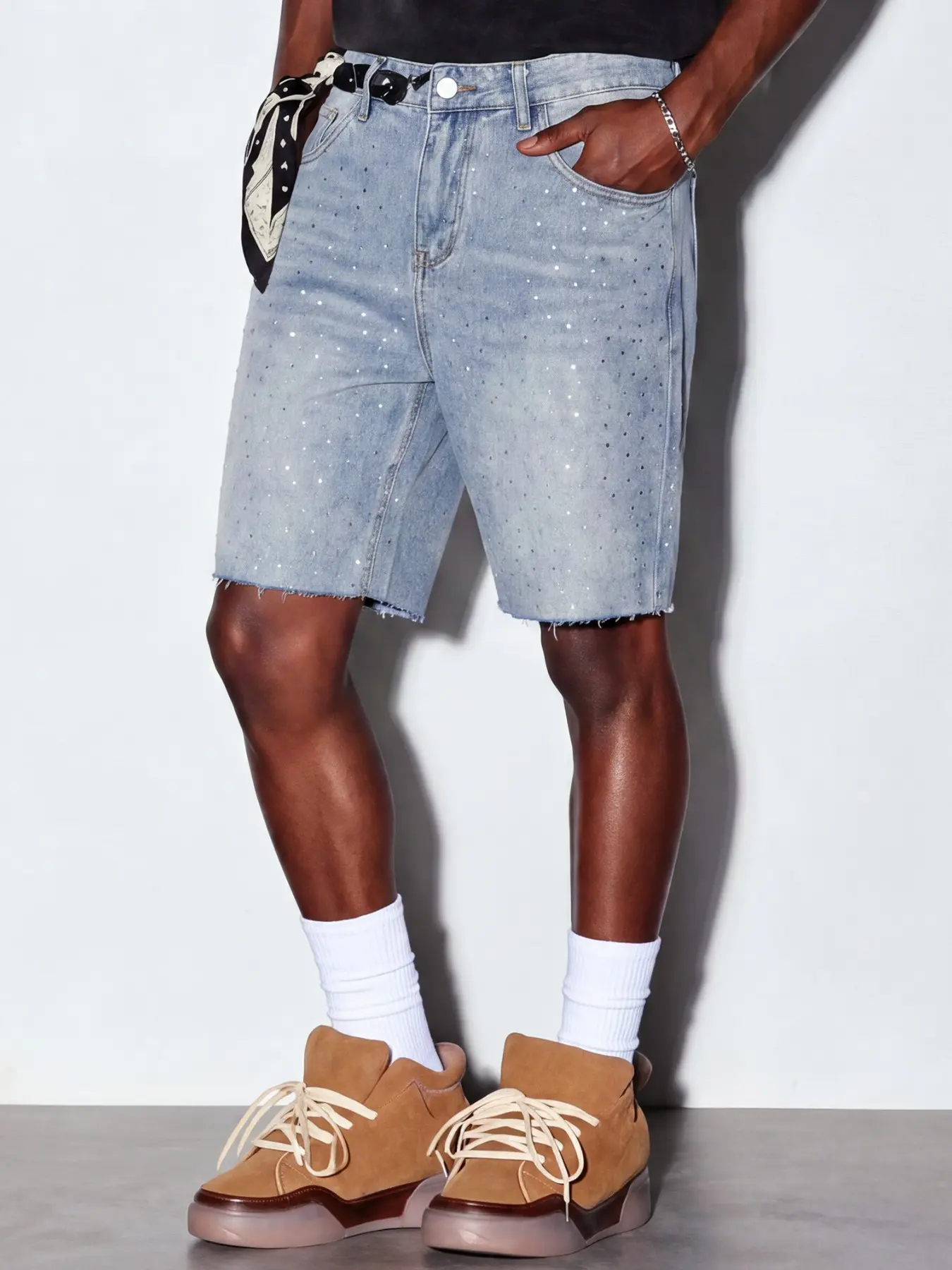 Men's Y2K Light Blue Denim Shorts, Jeans, Eye-Catching Allover Rhinestone Decorations, Loose Straight Cut, Raw Hem Finish, Trendy Styling For Summer