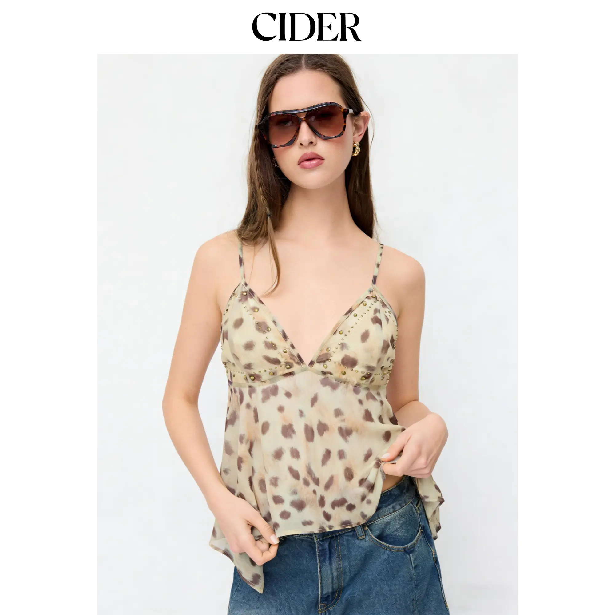 Cider Chiffon Leopard V-Neck Asymmetrical Hem Rhinestone Embellished Oversized Cami Top