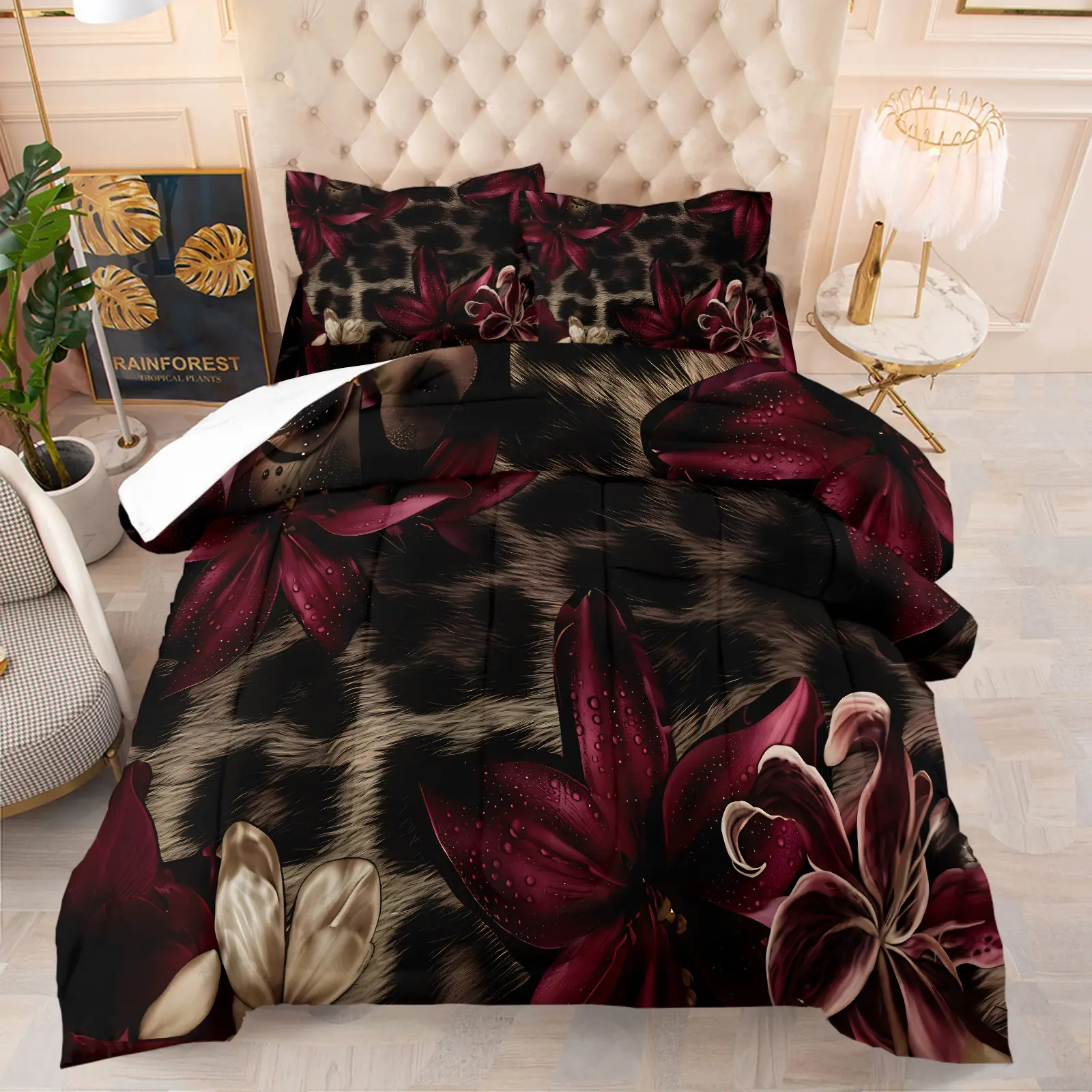 Dark Romantic Burgundy Lily Leopard Fur Comforter Set, Soft Breathable Luxury Floral Themed Bedding, 1 Comforter + 1-2 Pillowcases, Elegant Gift for Women Girls, Twin/Full/Queen Size for Bedroom Dorm