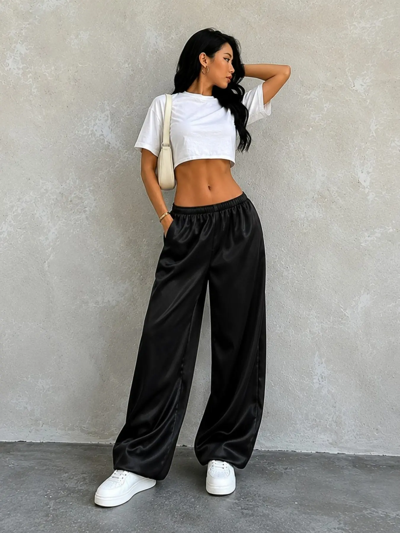 Women's Summer Acetate Glossy Wide Leg Pants, Elastic Waist Slimming Flowing Satin Loose Lazy Style Casual Long Trousers