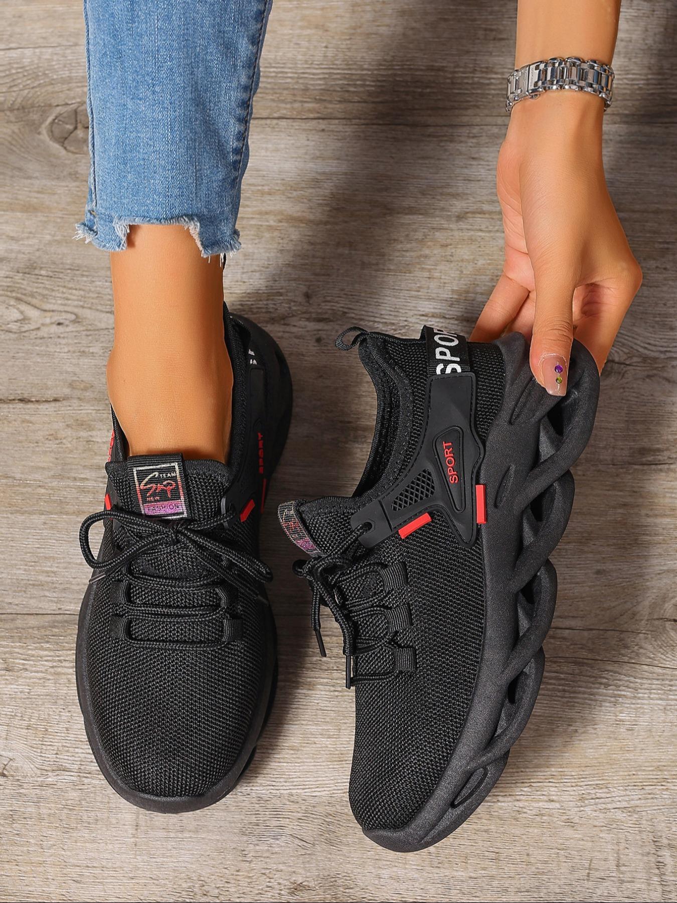 Women's Fashionable Lace Up Low Top Blade Soles Sneakers, Casual Comfortable Breathable Sports Running Shoes, All-match Basic Shoes for Daily Wear, Knitted Running Shoes