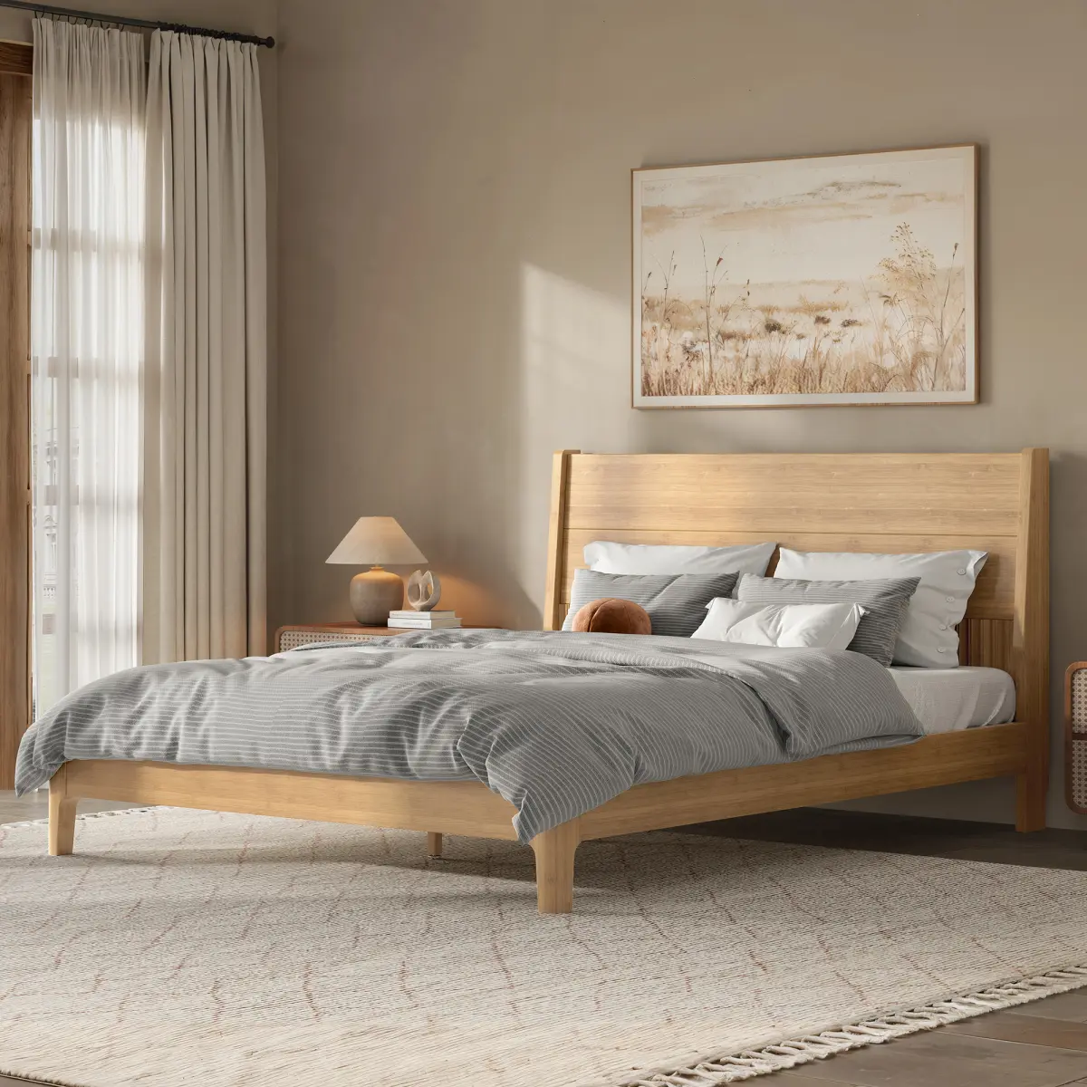 Queen Size Platform Bed with Tall Headboard, Solid Bamboo-made Bed Frame with Support Slats, Full/Queen/King Bed Frame for Bedroom, Guest Rooms, Dorms,Natural