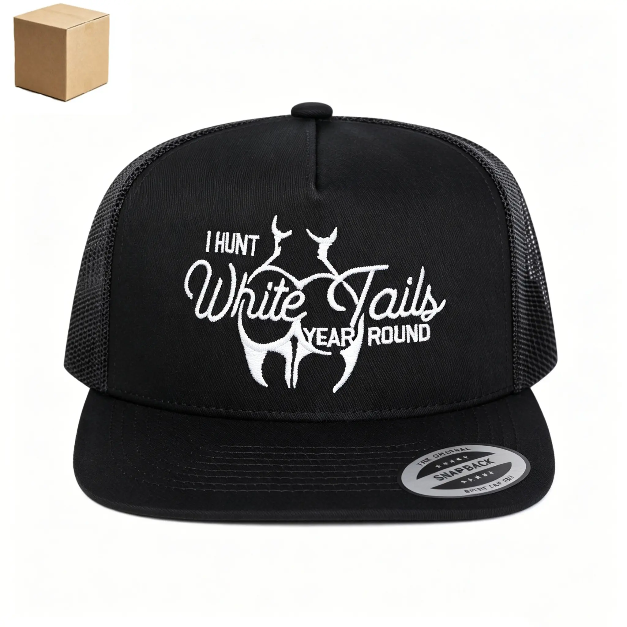 "I HUNT White Tails YEAR ROUND" Vintage Whitetail Buck Deer Outline Embroidery Trucker Hat, High Crown Adjustable Flat Mesh Snapback Cap, Hunting Western Outdoor Sunscreen Hat for Deer Hunters & Country Lovers