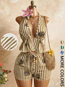 2 Piece Halter Ruffle Top Drawstring Shorts Set for Women, Striped Shell Print, Breathable Adjustable, Boho Vacation Style