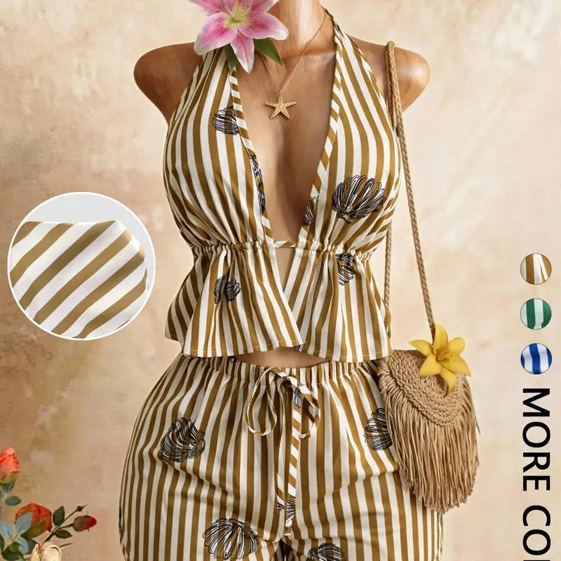 Women's Striped Shell Print Halter Ruffle Top & Drawstring Shorts 2 Piece Outfit, Casual Daily Wear