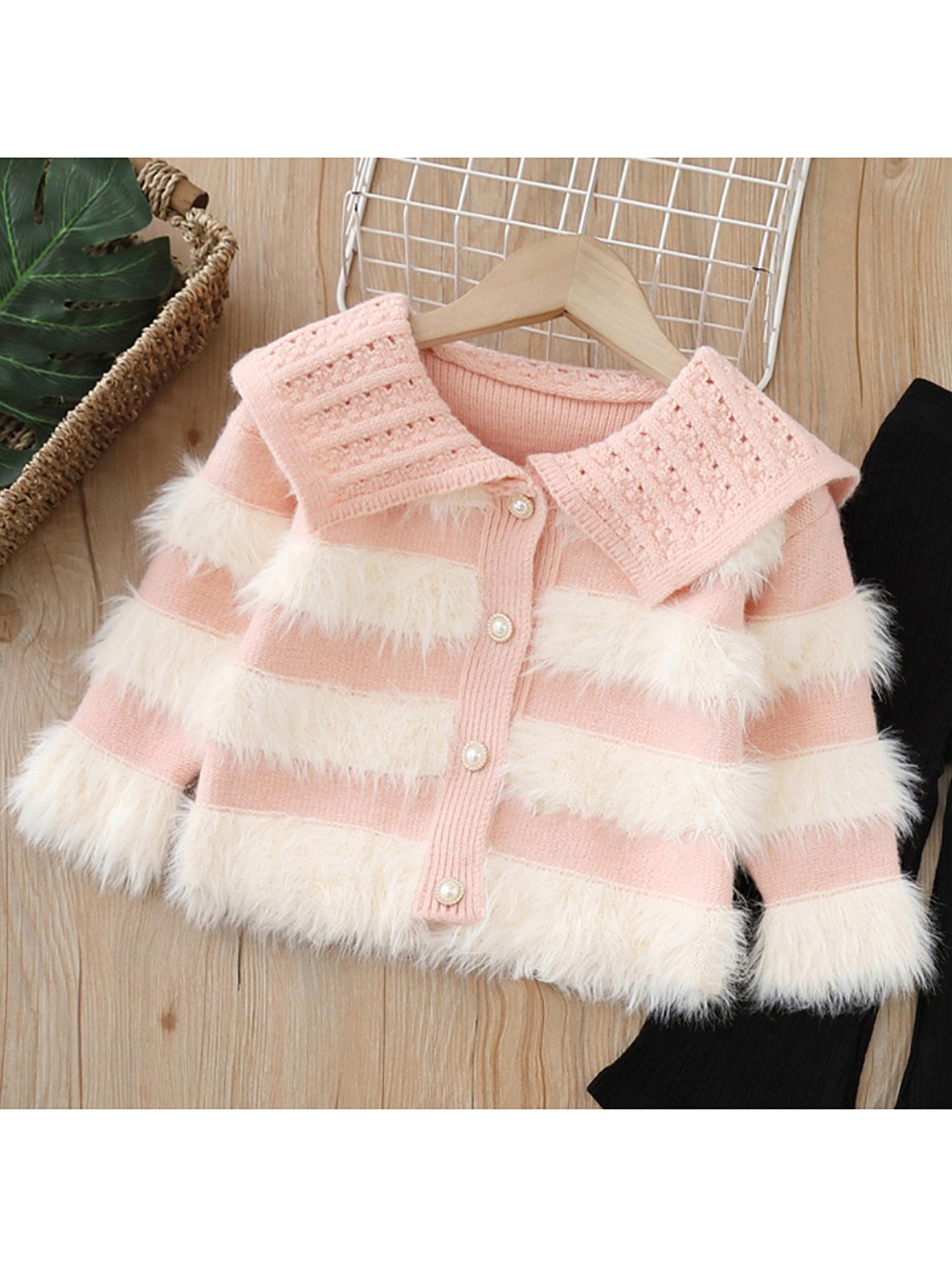 Girls' ted Knit Sweater with Plush Stripes & Pearl Buttons - Soft Pastel Purple & Contrast, Cozy Lapel Collar, Loose Fit Winter Warmth, Cute Casual Daily Wear for Fall/Winter, Easy Button-Front Closure (No Zippers) - Ideal for School & Playdates - D